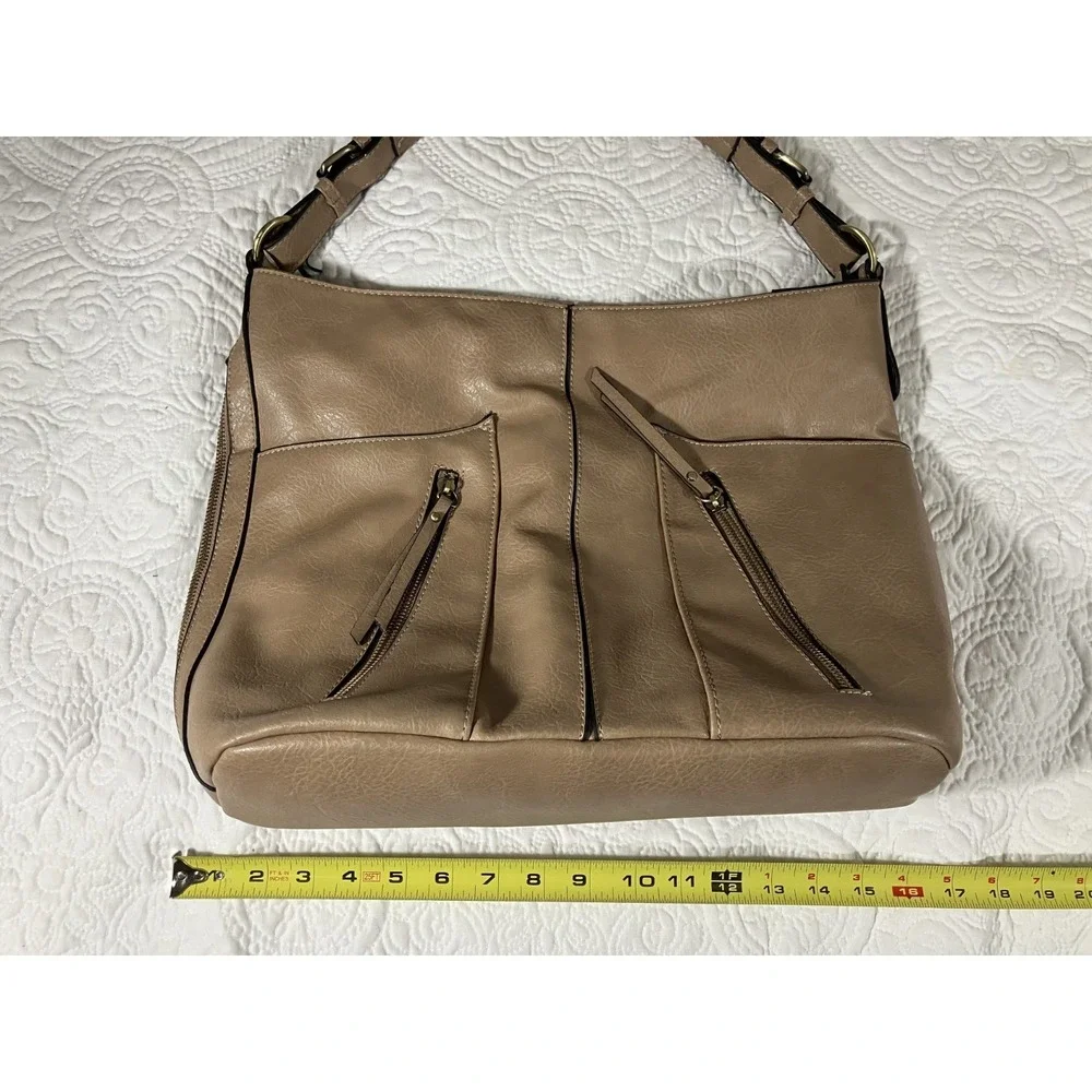 Le Miel Vegan Leather Purse Tote Shoulder Bag Women's Beige Multiple Pockets